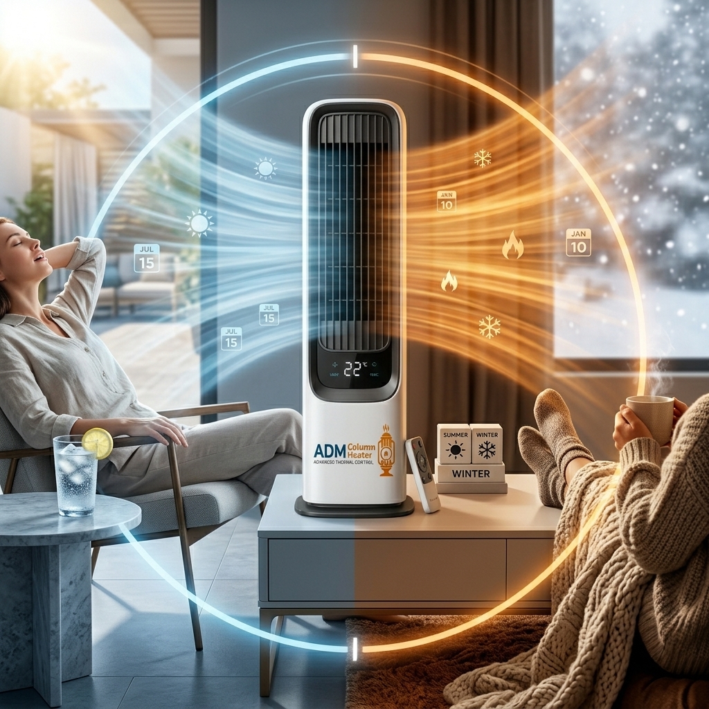ADM Column Heater — year-round comfort in one device ADM Column Heater — year-round comfort with 2-in-1 cooling fan and heater