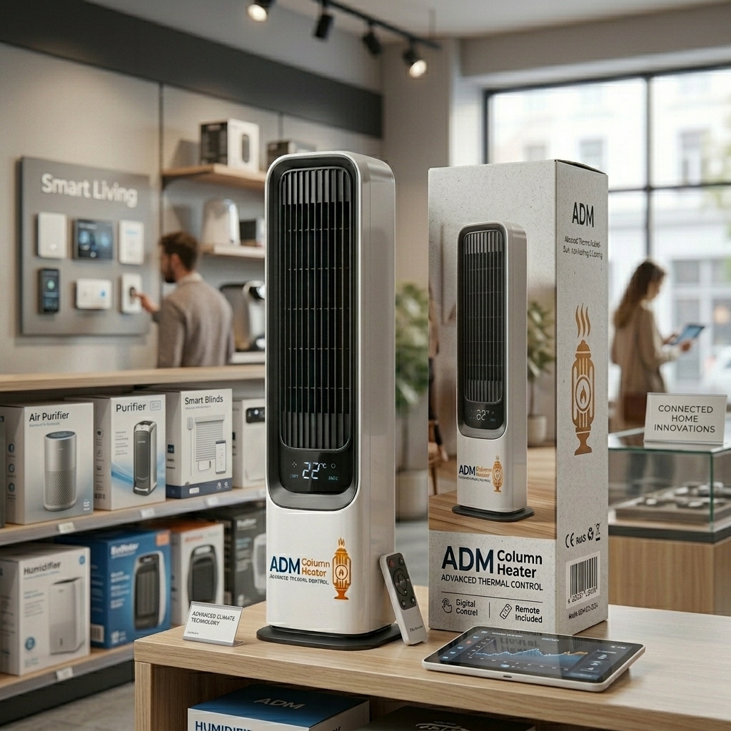 ADM Column Heater box contents — tower unit, remote control, power cable and manual