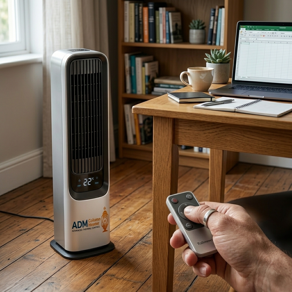 James H., home comfort specialist, using ADM Column Heater remote control